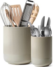 Utensil Holder for Kitchen Counter, 7.3"+5.4" Fluted Ceramic Utensil Crock Organizer for Countertop, Heavy Large Holder for Spatulas, Spoons, Set