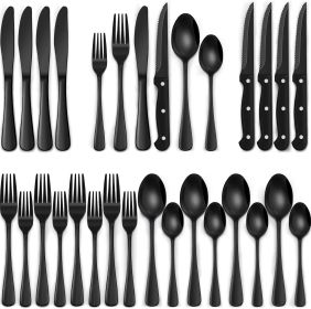 24-Piece Black Silverware Set with Steak Knives, Black Flatware Set for 4, Food-Grade Stainless Steel Tableware Cutlery Set (Material: Stainless Steel)